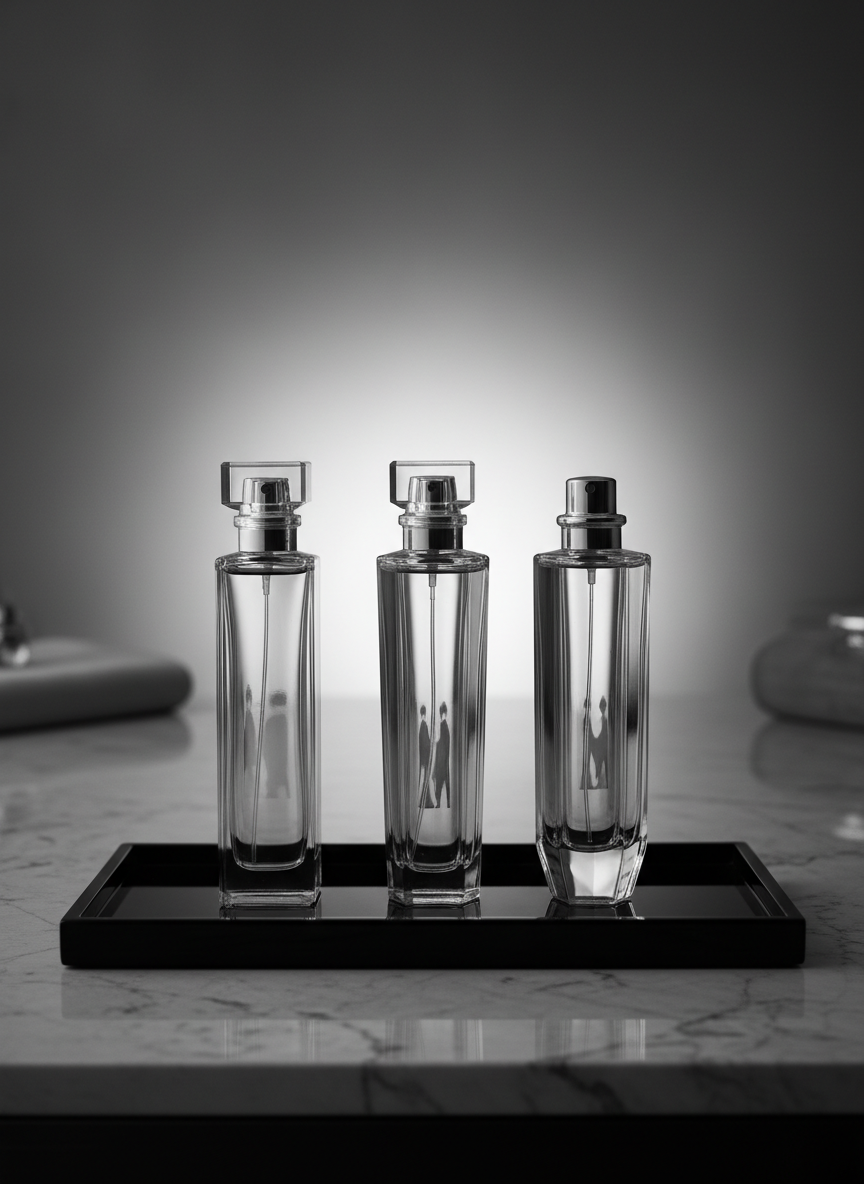 An arrangement of three slender crystal perfume bottles, each with a slightly different geometric shape, displayed on a glossy black lacquer tray atop a marble surface. The bottles are partially filled with clear liquid, catching subtle reflections that hint at three distinct yet harmonious identities. Soft studio lighting from behind and above creates a luminous halo around the glass, with delicate highlights on every edge and smooth gradients of gray. The background falls into a gentle blur, suggesting an upscale dressing room or vanity. Shot in meticulous black and white photographic realism with a centered, minimalist composition, the mood feels refined, modern, and timeless, echoing the sophisticated bond of three sisters without showing any people.