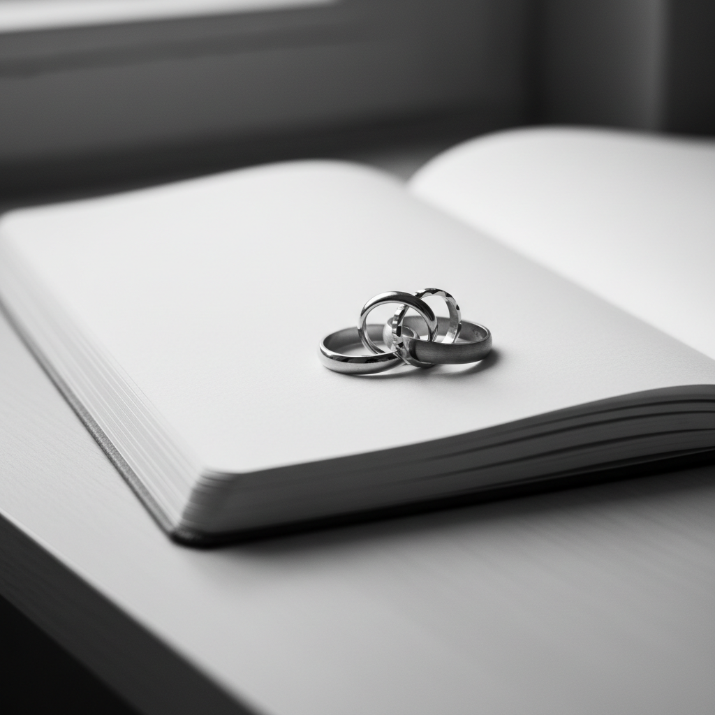 A delicate trio of intertwined silver rings placed on the open page of a blank, high-quality sketchbook, resting on a minimalist desk. Each ring has a unique surface treatment—one polished mirror-smooth, one brushed matte, one with a subtle faceted edge—symbolizing three distinct sisters connected by a shared circle. Soft, diffused natural light from an unseen window to the left creates subtle shadows of the rings across the paper’s faint texture. Shot in black and white photographic realism with a close-up, macro-style composition, the rings are centered and sharply focused while the sketchbook edges gently fade into blur. The mood is contemplative and intimate, ideal for an “about the sisterhood” portfolio section.
