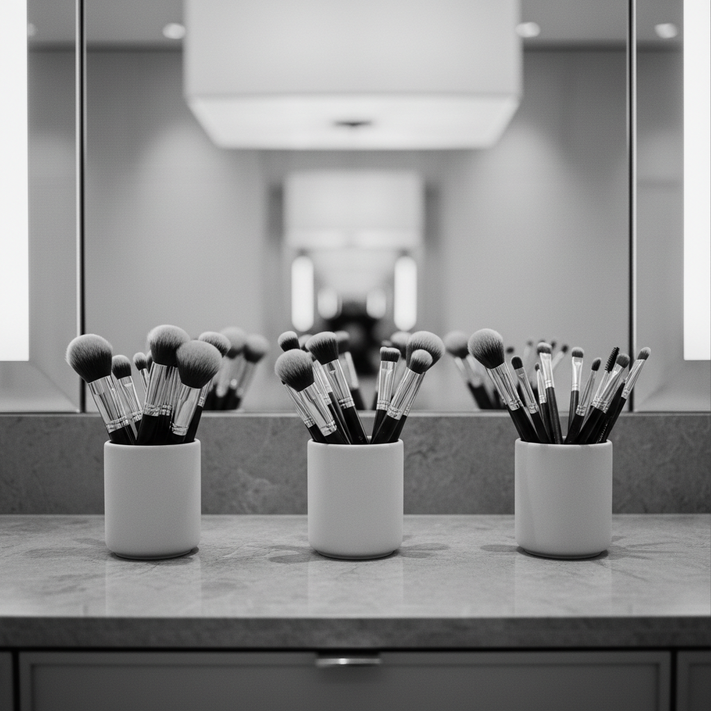 A modern vanity top styled for three: three matching cylindrical makeup brush holders in matte porcelain, each filled with different types of high-end brushes, arranged in a gentle curve on a smooth stone counter. Behind them, an out-of-focus frameless mirror hints at a shared getting-ready space. Overhead softbox-style lighting creates even, flattering illumination, with delicate reflections on the counter and gentle shadows beneath each holder. Captured in refined black and white photographic realism at eye level, the central holder sits on the rule of thirds, while the others lead the eye across the frame. The atmosphere is polished and fashion-forward, suggesting the coordinated yet individual aesthetic of three sophisticated sisters’ portfolio without depicting any people.