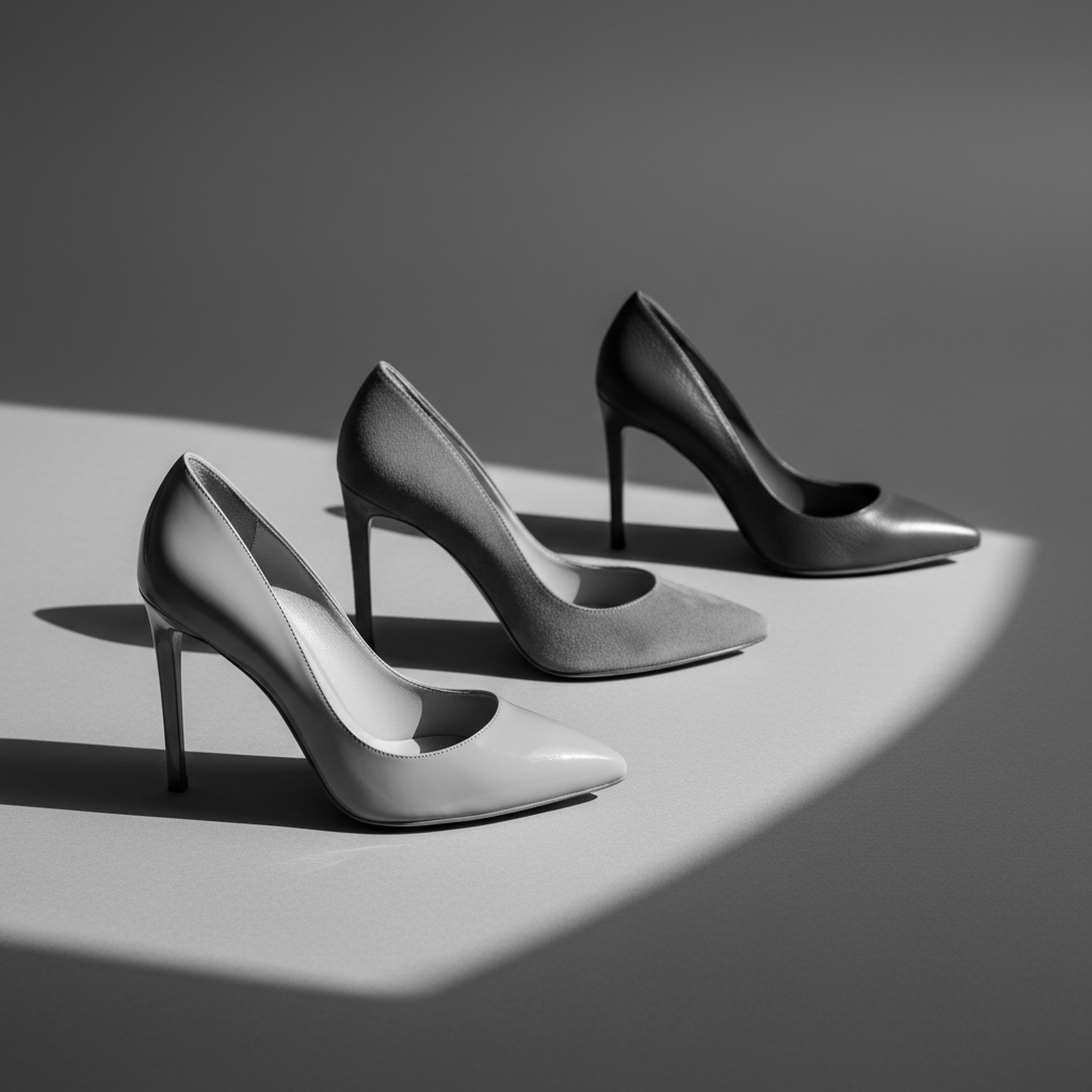 Three elegant, high-heeled shoes in matching silhouettes but distinct textures—one smooth patent, one velvety suede, one finely grained leather—are arranged in a graceful arc on a seamless matte backdrop. All in different tones of gray, they suggest three complementary personalities within one stylish sisterhood. A narrow spotlight from the right casts long, dramatic shadows that overlap, visually uniting the trio. Captured in sharp black and white photographic realism from a slightly elevated angle, the foreground heel is in crisp focus while the others recede with gentle softness. The composition is clean and editorial, evoking a luxurious fashion portfolio spread with a poised, sophisticated atmosphere.