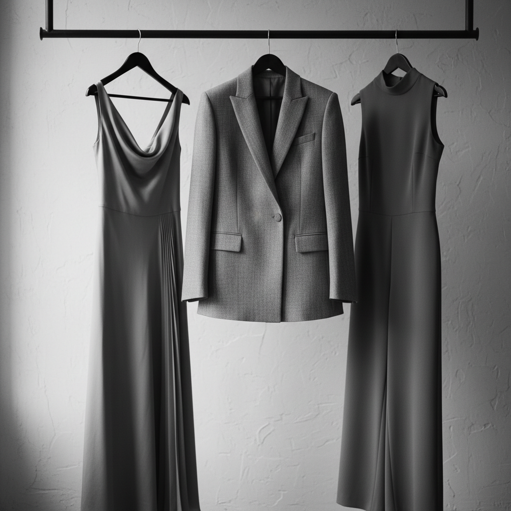 A neatly curated clothing rack featuring three signature outfits: one tailored blazer with clean lines, one flowing, feminine dress, and one chic, minimalist jumpsuit, all in coordinated tones of gray. The garments hang on identical slim metal hangers, spaced evenly along a simple black rail against a softly textured light-gray wall. Side lighting from a large, unseen window creates gentle gradients across the fabrics, emphasizing drape, texture, and detail. Photographed in black and white photographic realism with a medium-wide frame and slight angle, the depth of field keeps the central outfit in sharp focus while the others softly recede. The mood feels editorial and elevated, evoking the distinct yet cohesive styles of three sisters showcased in a professional portfolio.
